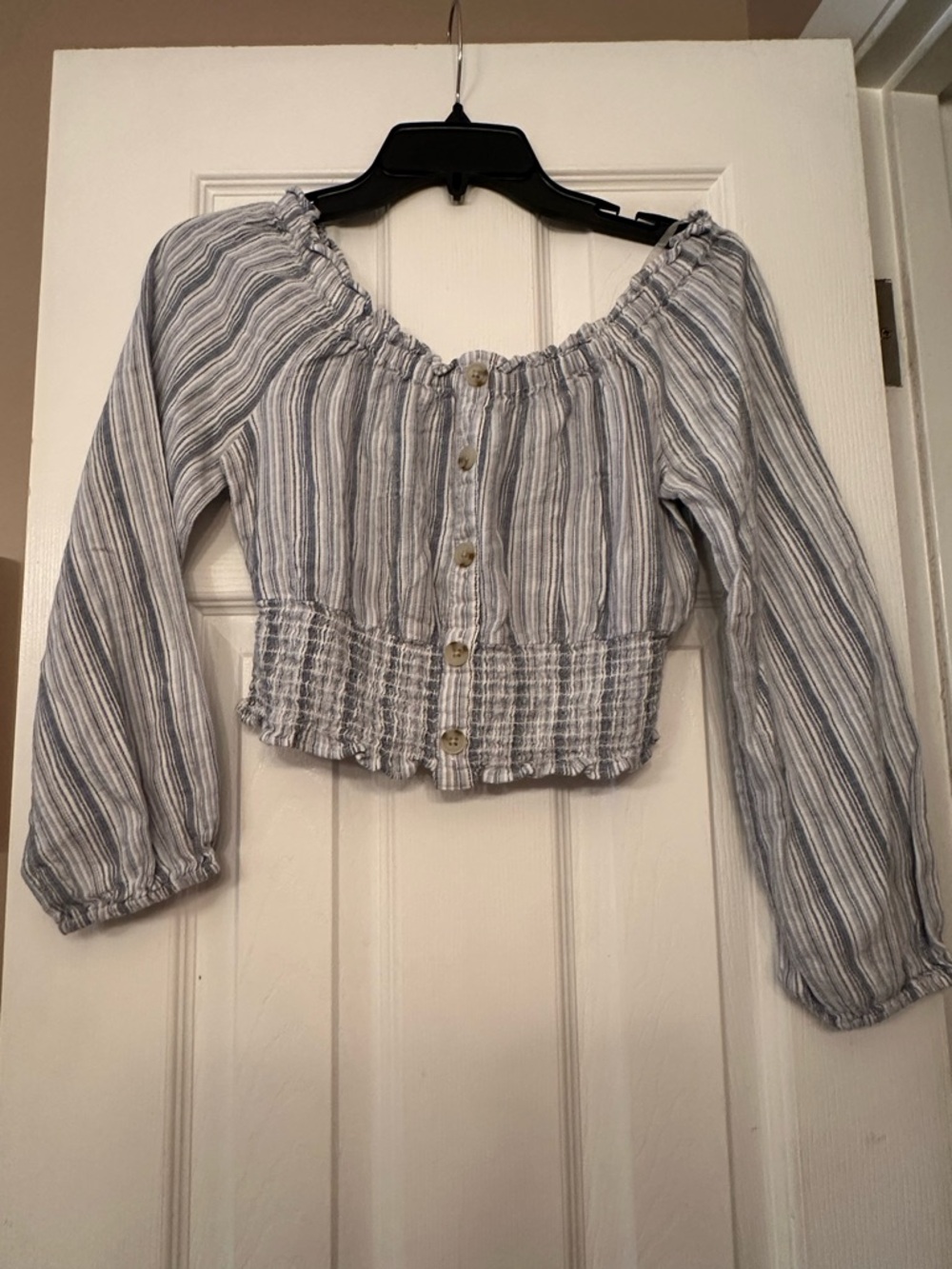 Aeropostale Blue and White Striped Off-Shoulder Crop Top